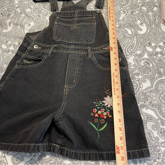 Vintage Denim Shortalls Bib Overalls Jeans Route 66 90s Y2K Womens L 9-10 Black - Picture 10 of 11